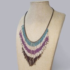 Seed Bead Fringe Bib Necklace Boho Aqua Purple White Brown